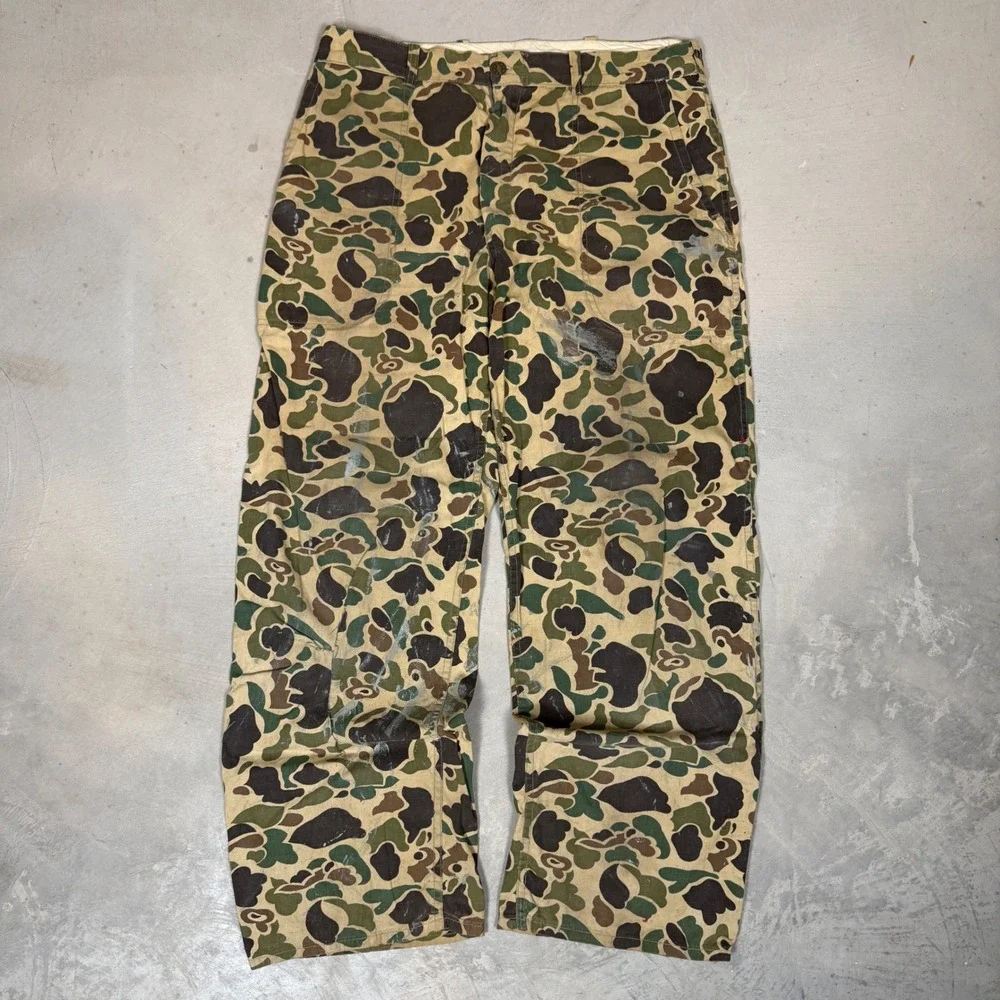 Vintage 70s Duck Hunter Camo Canvas Pants Mens Medium Talon Zip Distressed 34x30